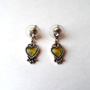 Country Western Heart Dangle Pierced Earrings Enamel Crystal Vintage